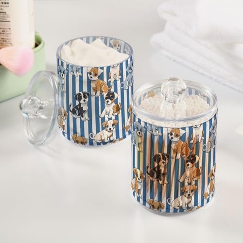 2 Pack Qtip Holder Organizer Dispenser Cute Puppies Blue White Stripes Bathroom Storage Canister Cotton Ball Holder Container for Cotton Pads/Swabs/Floss