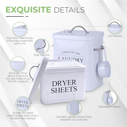 Metal Laundry Detergent Container Set for Powder, Pods and Dryer Sheets, 2 Galvanized Canisters with Scoop, Airtight Silicone Gasket Lids, 10 lb Capacity, White