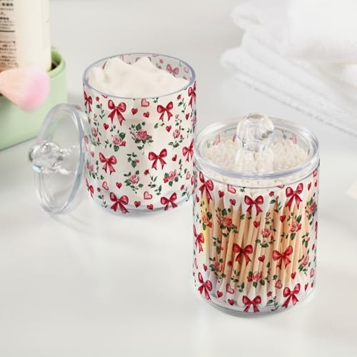 Gredecor 2 Pack Qtip Holder Clear Bows Ribbon Rose Apothecary Jars with Lids Acrylic Bathroom Jars Vanity Countertop Canister Storage Organizer for Cotton Ball,Swabs,Pads,Floss