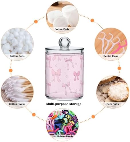 Gredecor 4 Pack Qtip Holder Clear Pink Ribbon Bow Star Apothecary Jars with Lids Acrylic Bathroom Jars Vanity Countertop Canister Storage Organizer for Cotton Ball,Swabs,Pads,Floss