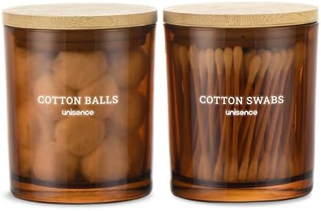 Glass Qtip Holder 2 Pack , Qtip Holder Dispenser Bathroom Set Bathroom Organizers and Storage Q tip Holder with Lid Makeup Storage Organizer for Cotton Swabs,Cotton Balls,Pads ,Amber