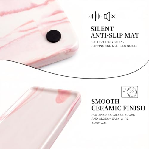 10″ x 3.5″ Ceramic Bathroom Vanity Tray, Rectangular Decorative Countertop Tray for Bathroom Kitchen, Ceramic Organizer Tray for Perfume, Candle, Jewelry, Cosmetics, Soap Dispenser, Marble Pink