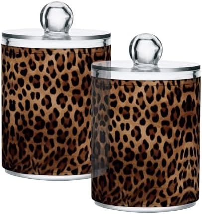 Leopard Print Apothecary Jar with Lid, 10oz Clear Plastic Storage Jar for Bathroom, Qtip Holder Organizer for Cotton Balls, Swabs, Pads, 2 Pack
