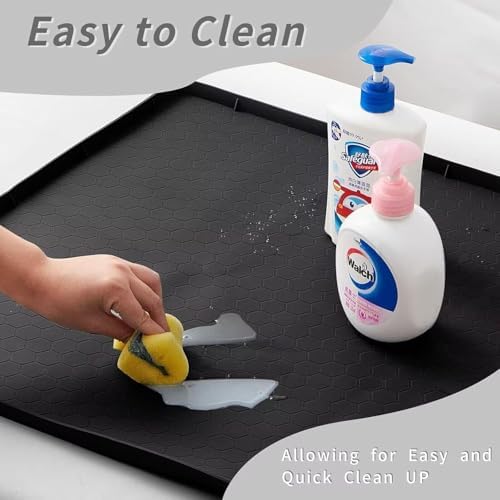 Under Kitchen Sink Mat 28" x 19", SAZTEAY Waterproof Silicone Under Sink Tray, Under Sink Protector Mat for Bathroom and Kitchen Cabinets(Black)