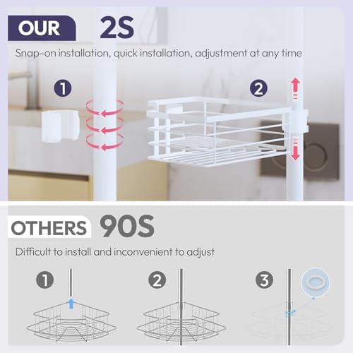 SWTYMIKI Shower Caddy Tension Pole - 4-Tier Corner Shower Organizer Tension Rod with Soap Holder, Toothbrush Holder & 4 Hooks, Adjustable Stainless Steel Bathroom Organizer 27.6 to 108.3 inch, White