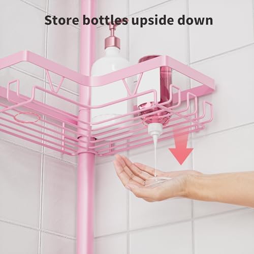 KEGII Corner Shower Caddy Tension Pole, Bathtub Shelf, Pink