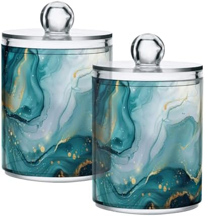 Abstract Turquoise Pattern Qtip Holder 4 Pack - 10 Oz Clear Plastic Apothecary Jar Set for Bathroom Organization - Versatile Canister Storage for Cotton Balls, Swabs, Rounds