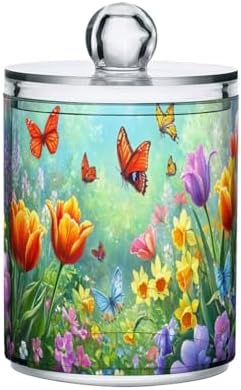 MNSRUU 2 Pack Qtip Holder Organizer Dispenser Easter Garden Tulips Daffodils Bathroom Storage Canister Cotton Ball Holder Bathroom Containers for Cotton Swabs/Pads/Floss