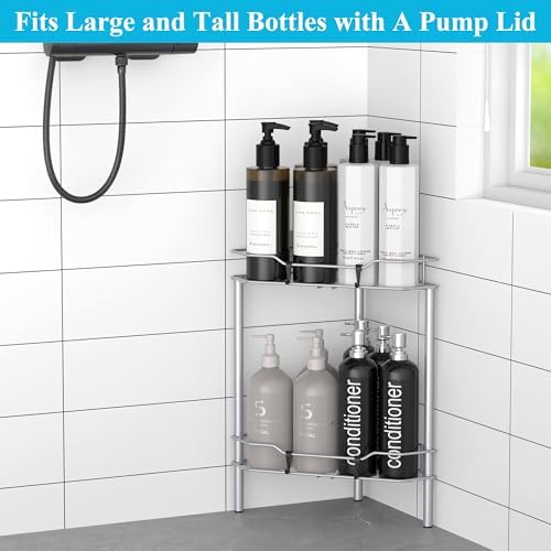 HuggieGems Metal Floor Standing Corner Shower Caddy, Silver, 2 Tier