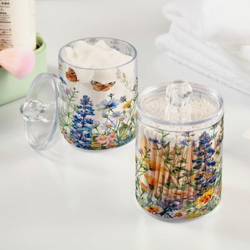 senya Clear Plastic Jars Cotton Swabs Cans, Watercolor Wildflowers Spring Bathroom Canisters Storage Organizer with Lids 2PCs Set for Cotton Ball, Cotton Swab, flossers, Hair Bands
