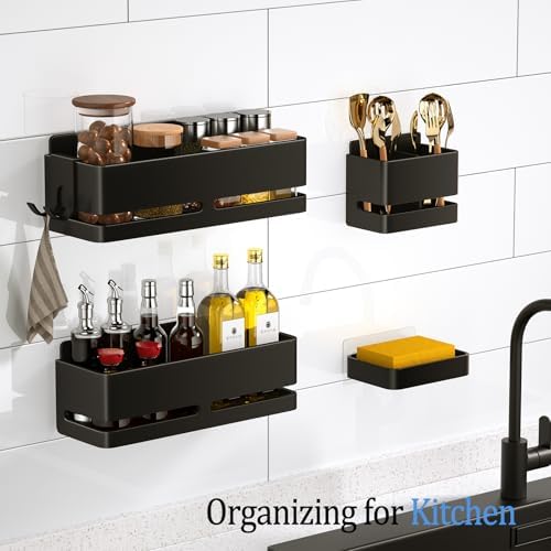 Bathroom Shower Caddy,No Drill Shower Shelves(5-piece Set-Black)
