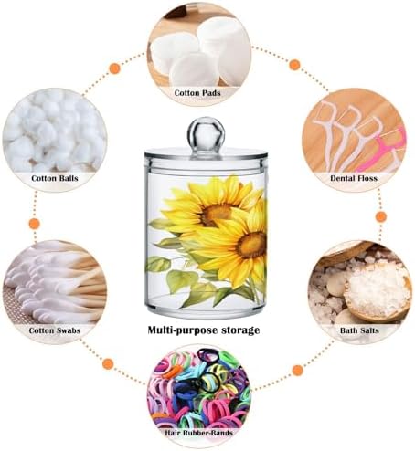 ALAZA 2 Pack Qtip Holder Sunflower Bouquet, Cotton Swab Dispenser with Lid Bathroom Containers Canister Organizer Storage Jar