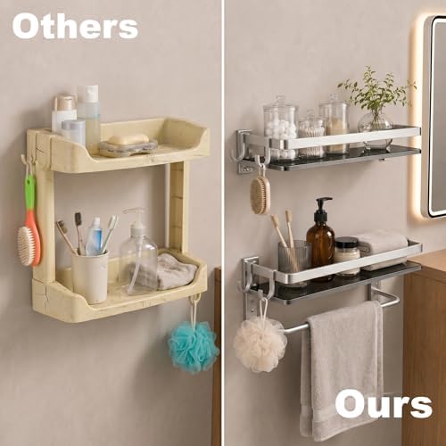 VOLPONE Glass Shelf for Bathroom 15.7 in Bathroom Shelves with Towel Bar Tempered Glass Shelves with 4 Removable Hooks for Wall（2 Tier）