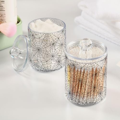2 Pack Plastic Qtips Holder Halloween Spider Web Bathroom Organizer Canisters for Cotton Balls/Swabs/Pads/Floss,Plastic Apothecary Jars for Vanity