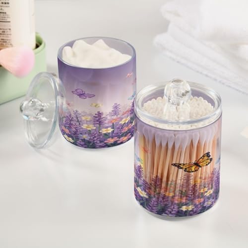 ALAZA Lavender Flower Butterfly Floral 2 Pack Qtip Holder Dispenser for Cotton Swabs, Balls, Pads, Floss 10 oz Plastic Canister Organizer