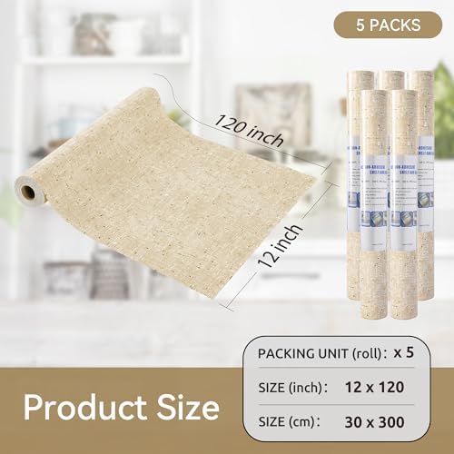 FIFTY FEET 12"x120" Non-Adhesive Shelf Liner for Kitchen Cabinets and Drawers, Washable Non-Slip PVC Cabinet Liner (Yellow)(5 Roll)