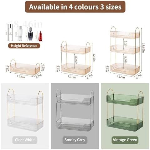 YCIA&DONE Bathroom Organizer Countertop, Makeup Storage, Skincare Cosmetic Tray Shelf, Perfume Holder Rack for Vanity Counter, Large Capacity, Easy to Install, Clean, 2 Tiers, Amber Gold