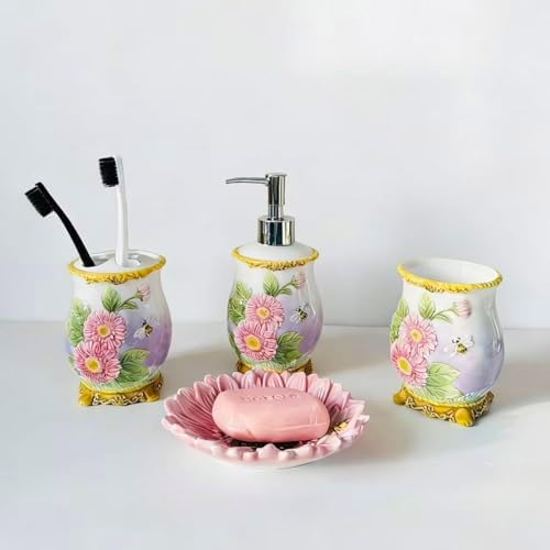 Ceramic Sunflower Bathroom Accessories Set, 4 Piece Bathroom Ensemble Set with Toothbrush Holder, Toothbrush Cup, Soap Dispenser, Soap Dish (Pink)