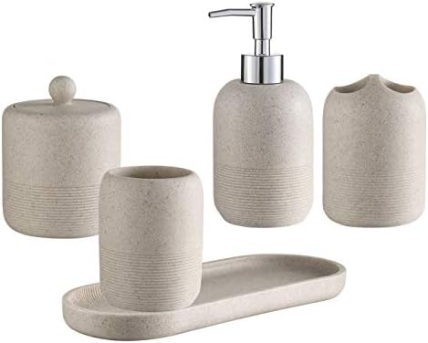 5-Pieces Bathroom Accessory Set Hight Quality Polyresin Ensemble-Lotion Dispenser/Toothbrush Holder/Cotton Jar/Tray/Tumbler Cup, Beige