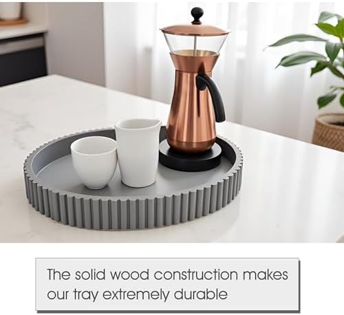 Modern Table Round Decorative Trays 2pcs Home Decor - Circle Coffee Table Centerpiece Set 12"/10" - Wooden Cool Grey Ottoman Tray with Fluted Edge