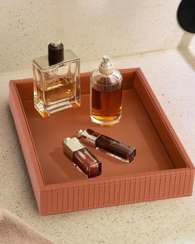 HofferRuffer Faux Leather Vanity Tray, Elegant Desktop Storage Organizer, Decorative Catchall for Perfume, Bathroom Valet, Nightstand or Dresser, 10.2 x 8.4 x 1.8 inches (Brown Stripe)