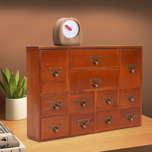 12 Drawers Apothecary Cabinet Library Card Catalog Cabinet Card Catalog Drawer with Metal Handles & Label Slot Wooden Desk Drawer Organizer for Herb Storage, Tea Collection (Brown)