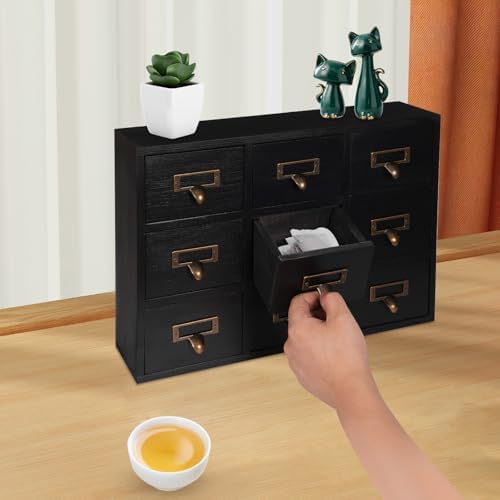 Apothecary Cabinet with 9 Drawers Card Catalog Cabinet, Library Card Catalog Drawer with Metal Handles & Label Slot Wooden Desk Drawer Organizer for Herb Storage, Tea Collection (Black)