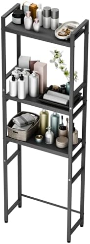 Over-The-Toilet Storage Rack 3-Tier Adjustable - Carbon Steel Bathroom Organizer Shelf with Non-Slip Base, Strong 200lb Load Bearing, Space Saver Shelves for Bathroom (64" H x 20.5" W) Black