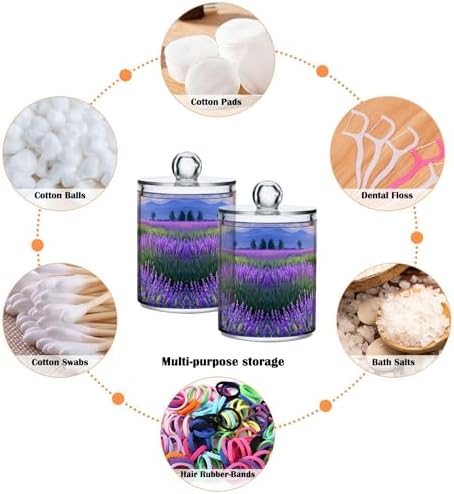 MNSRUU 2 Pack Qtip Holder Organizer Dispenser Lavender Field Bathroom Storage Canister Cotton Ball Holder Bathroom Containers for Cotton Swabs/Pads/Floss