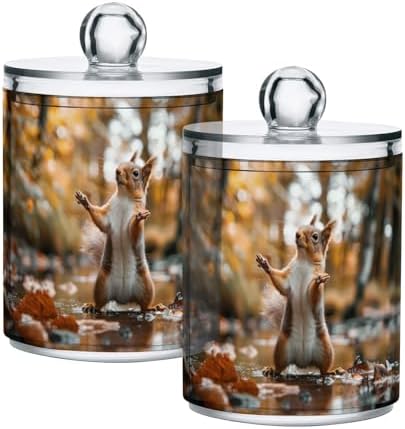 Dancing Squirrel Pattern Qtip Holder 4 Pack - 10 Oz Clear Plastic Apothecary Jar Set for Bathroom Organization - Versatile Canister Storage for Cotton Balls, Swabs, Rounds