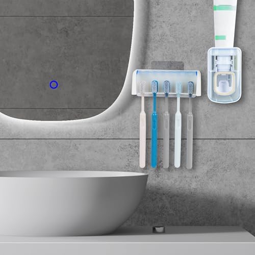 5 Slots Wall Mount Toothbrush Holder with Cover, Self Adhesive Toothbrush Storage Organizer for Shower, Toothbrush Hanger with Automatic Toothpaste Squeezer Dispenser(White + Blue)
