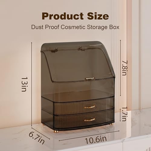 Makeup Organizer Countertop Vanity with Transparent Lid Drawers Waterproof Dustproof Cosmetic Skincare Bathroom Storage Gift for Women Teens Girls (Clear Black)