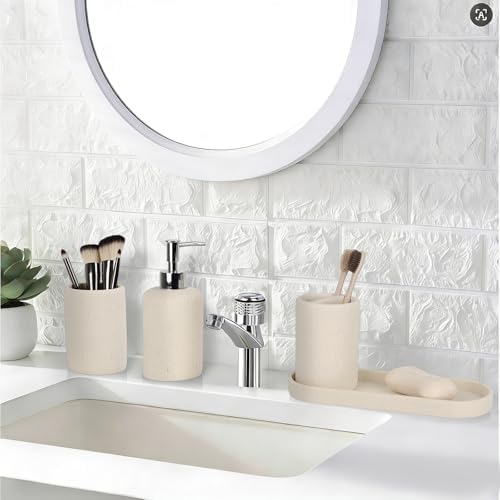 Bathroom Accessories Set,4 Piece Travertine Stone Look Bathroom Accessory Set with Soap Dispenser,Toothbrush Holder,Vanity Tray,Tumbler,Bathroom Organizer for Modern Bathrooms