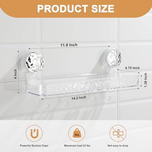 Shower Caddy Suction Cup, Wall Mounted Suction Shower Rack Organizer, No Drilling Clear Shelf Basket with 4 Movable Hooks, Bathroom Storage Rack Suitable for Smooth Walls
