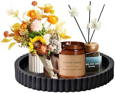 Round Decorative Tray for Home Decor,Coffee Table Tray (Black)