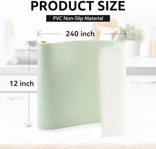FIFTY FEET 12X240 Inch Shelf Liner with Scissor & Tape Measure for Kitchen Cabinets, PVC Drawer Liner for Dresser Non-Slip Bathroom, Non-Adhesive Cabinet Liner Washable (Green)
