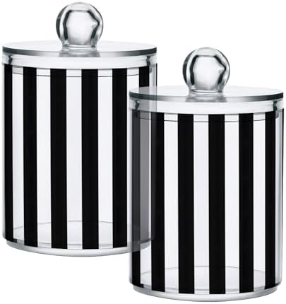 ALAZA Black White Striped 4 Pack Qtip Holder Dispenser for Cotton Swabs, Balls, Pads, Floss 10 oz Plastic Canister Organizer