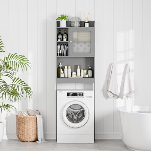 Nouva Over The Toilet Storage Cabinet - Glass Door Bathroom Shelf Storage Organizer with Adjustable Shelf Freestanding Toilet Rack Space Saver,Grey, AE453