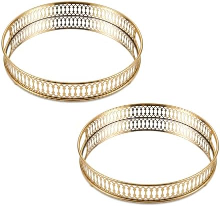 Yikinip12 Inch Round Glass and Gold Round Tray Set of 2，Dinner Plate Perfume and Vanity Tray - Decorative Mirrored Vanity Tray with Gold Metal Cutout Design, Jewelry Organizer (12 Inch Round Set of 2)