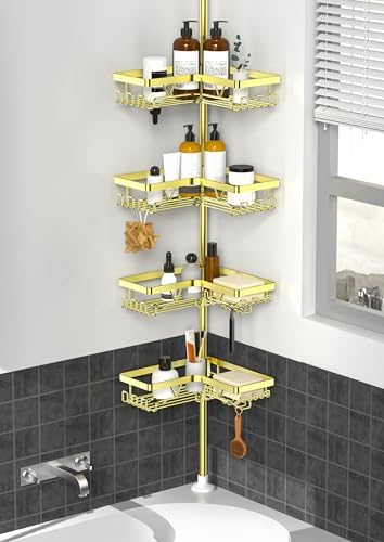 KEGII Corner Shower Caddy Tension Pole, Bathroom Storage Rack, Gold