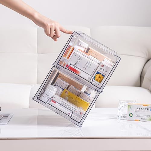 2 Pack Stackable Organizer Drawers, Clear Desk Storage Box,Transparent Drawer in Home, Office and Kitchen Pull Out Organizer Bins for Make Up, Pen, Desktop Stationary (2Extra Large)