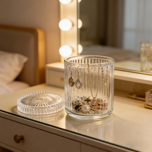 2 Pack Ribbed Glass Qtip Holder with Lid, Clear