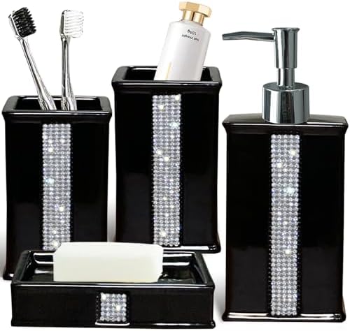 Bath Accessories Sets for Bathroom,Black Bathroom soap Dispenser Set,Ceramic Liquid Dispenser Pump, 2 Tumbler Cup,Soap Dish-Bathroom Home Decor Clearance (12 Ounce Black)