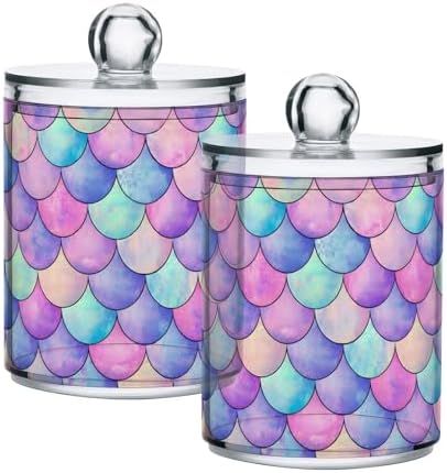 MNSRUU 4 Pack Qtip Holder Organizer Dispenser Colorful Mermaid Scales Bathroom Containers Bathroom Vanity Storage Canister Apothecary Jars for Cotton Swabs/Pads/Floss