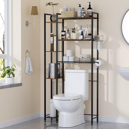 Over The Toilet Storage with Wooden Shelves and Side Rack, 7-Tier Metal Over Toilet Bathroom Organizer Freestanding Storage Shelf for Toilet Paper, Towels, Toiletries, Ideal for Small Bathroom