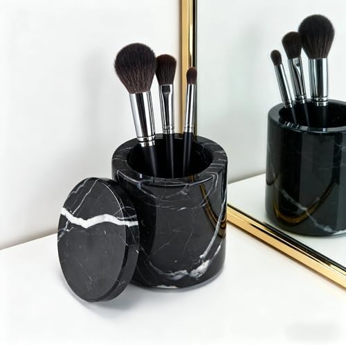 Black Natural Marble Storage Jar with Lid, 3 Inch Dia 3.5 Inch Ht Elegant Stone Canister, Damp-Proof Cosmetic Container for Cotton Swabs, Jewery, Bathroom Jar