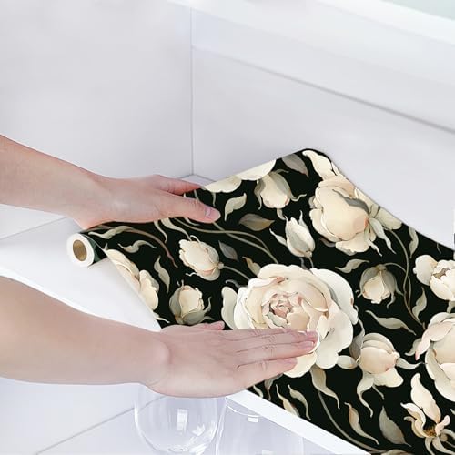 HAOKHOME Adhesive Shelf Liner Cabinet Black Floral Dresser Drawer Liners