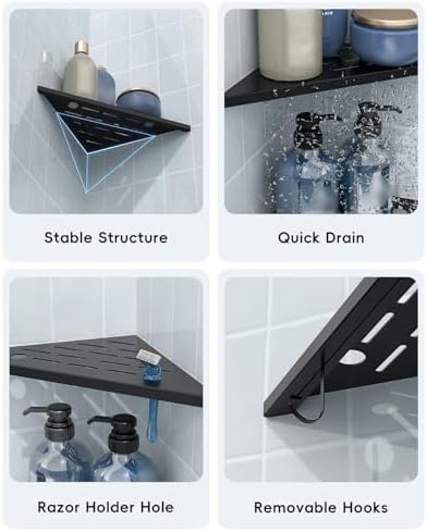 DAYONE Matte Black Corner Shower Shelf 2 Pack 10", Bathroom Corner Shower Organizer Shelf for Tiled Wall, SUS304 Stainless Steel Slot Design Recessed Organizer Shelves with 2 Hooks and 4 Holes