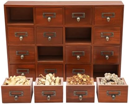 Apothecary Cabinet with 16 Drawers Card Catalog Cabinet, Library Card Catalog Drawer with Metal Handles & Label Slot Wooden Desk Drawer Organizer for Herb Storage, Tea Collection (Brown)