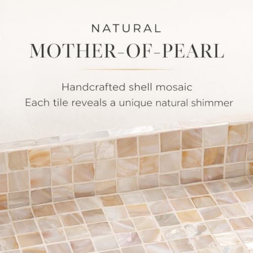 PEMAR 10" Mother of Pearl Catchall Tray for Coffee Table, Entryway, Nightstand. Square Serving Tray Wooden Luxury Decorative Handmade Eating Platters w Insert Handles (White Cream Squares Pattern)